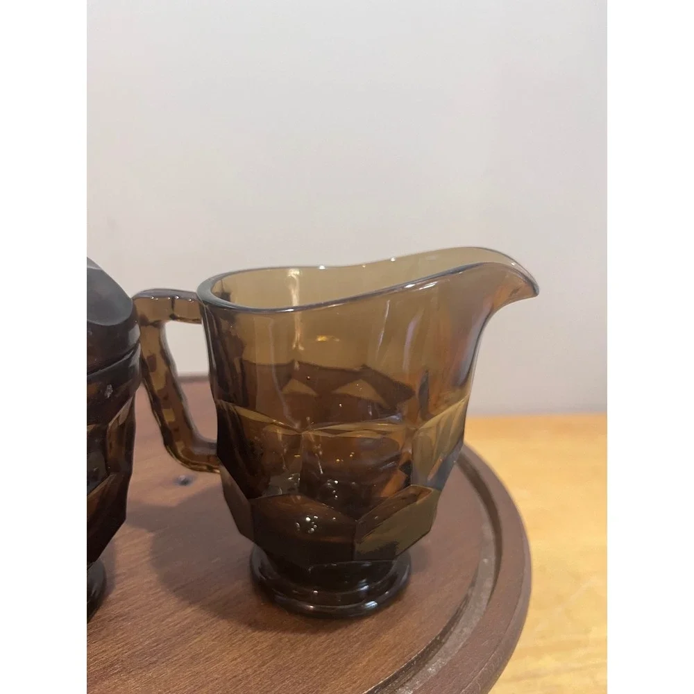 Vtg Viking Smoke Brown Glass Georgian Sugar Bowl Lid Creamer Set MCM Faceted